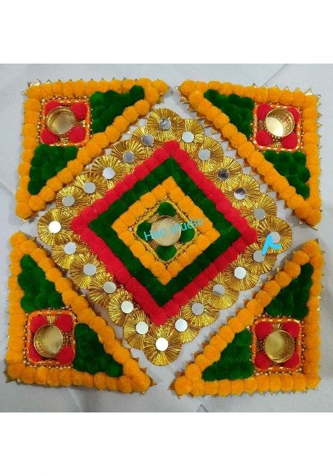 BDS Creations Artificial Marigold Flower Mat Aasan Rangoli Mats on Canvas Set of 5