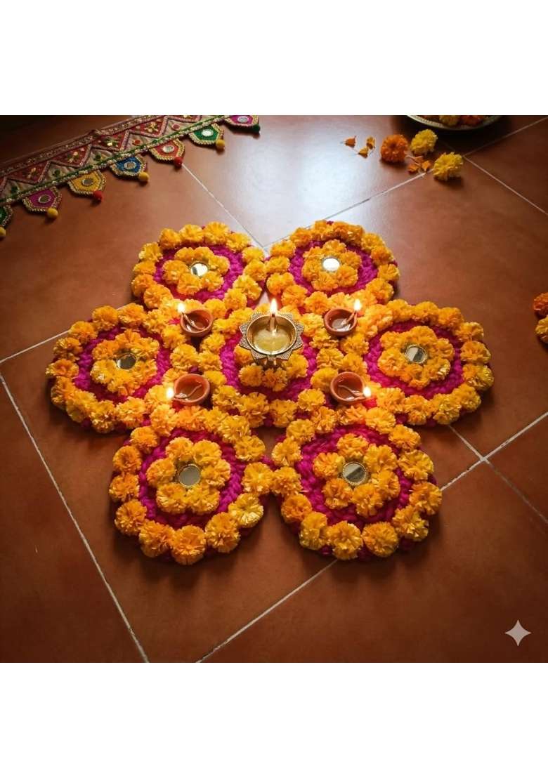 BDS Creations Artificial Marigold Flower Mat Tea Light Holder Aasan Rangoli Mats on Canvas Design C - Indya