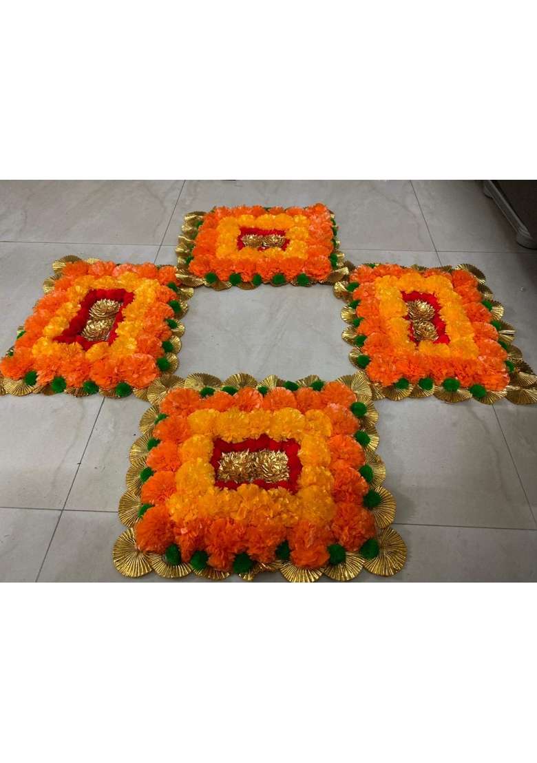 BDS Creations Artificial Marigold Flower Mat Aasan Rangoli Mats on Canvas - Indya
