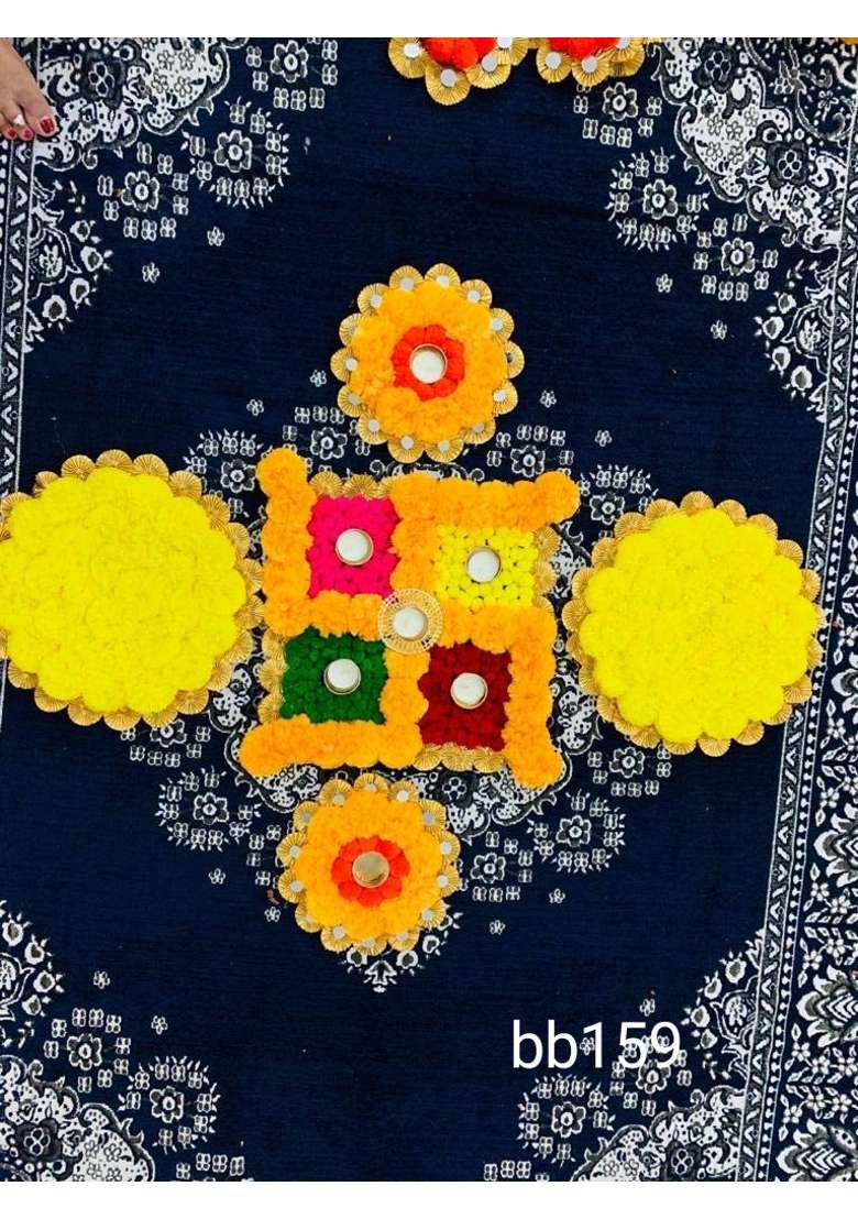 BDS Creations Artificial Marigold Flower Mat Tea Light Holder Aasan Rangoli Mats on Canvas Multicolor Design 4 - Indya