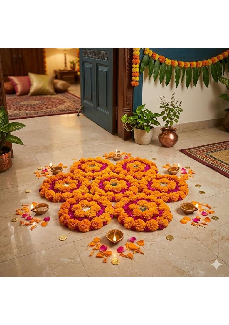 BDS Creations Artificial Marigold Flower Mat Tea Light Holder Aasan Rangoli Mats on Canvas Design 3 - Indya