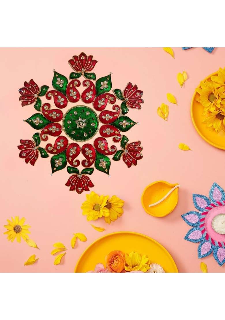 Multicolour 10x10 Inches Lotus Rangoli Set with Bel Booti Work for Decoration Metal D Cor Piece with Beautiful - Indya
