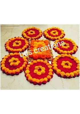 BDS Creations Artificial Marigold Flower Mat Tea Light Holder Aasan Rangoli Mats on Canvas Design B