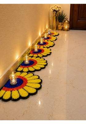 Gurukrupa Shoppy Yellow Artificial Grass Rangoli Mat Set for Diwali Decoration Pack of 6