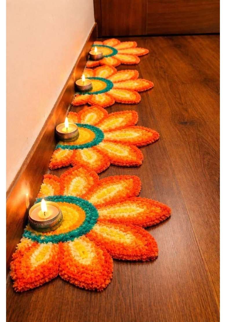 Gurukrupa Shopee Woolen Fur Rangoli Mat Flower Shape Decorative Rangoli for Home Entrance Pooja Room Pack of 6 - Indya