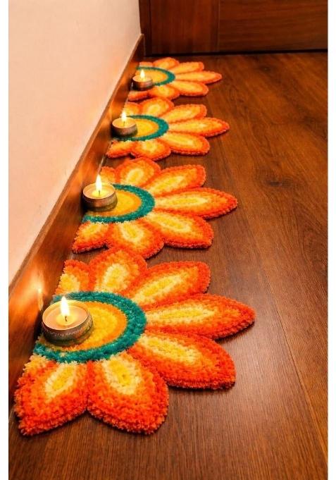 Gurukrupa Shopee Woolen Fur Rangoli Mat Flower Shape Decorative Rangoli for Home Entrance Pooja Room Pack of 6