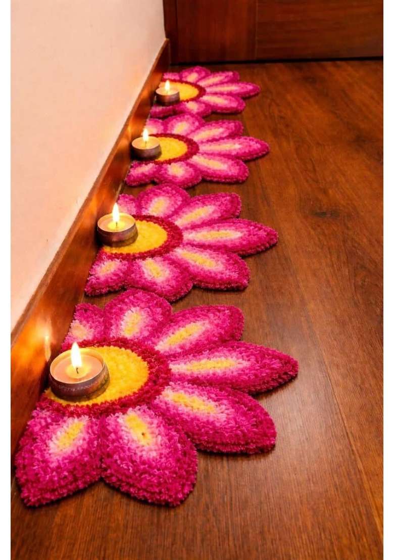 Gurukrupa Shopee Woolen Fur Rangoli Mat Flower Shape Decorative Rangoli for Home Entrance Pooja Room Pack of 6 - Indya