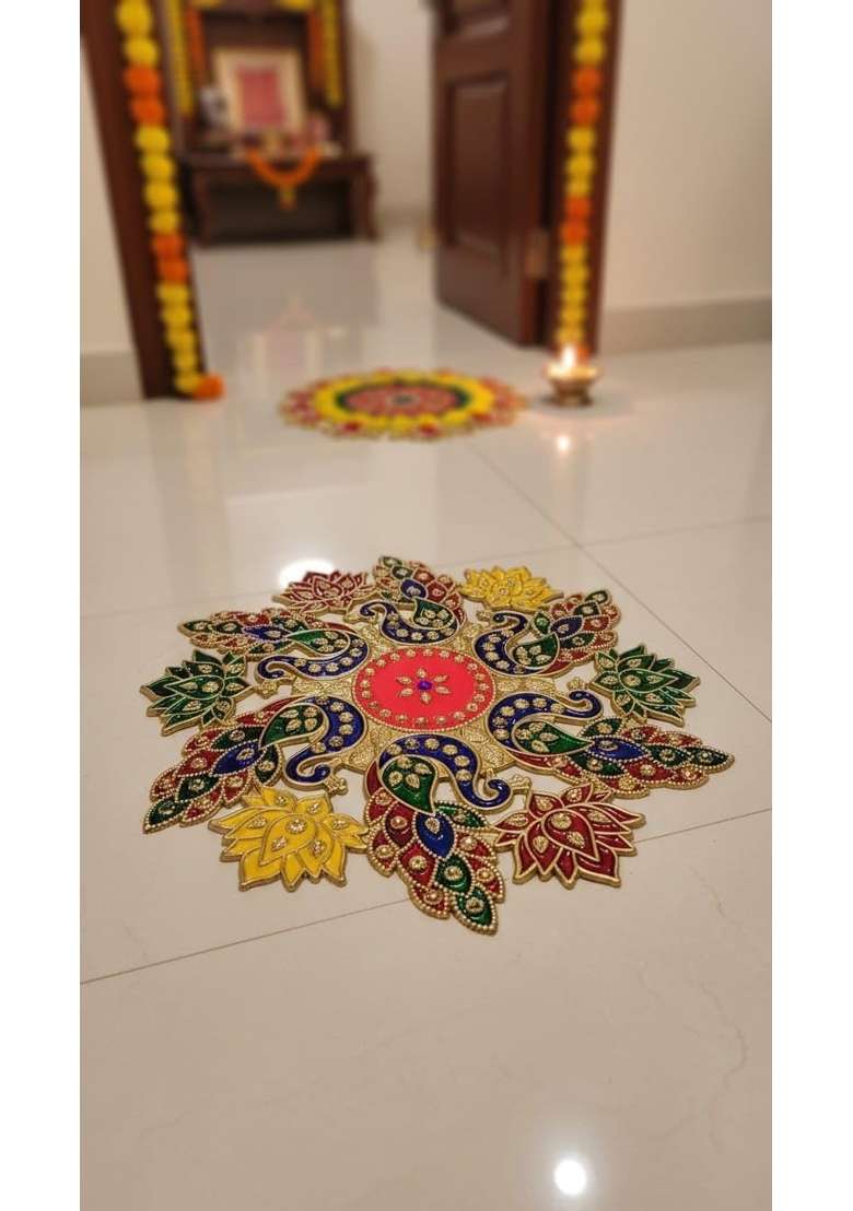 SK Craft Silver Acrylic Meenakari Rangoli Traditional Decorative Rangoli for Diwali Pooja - Indya