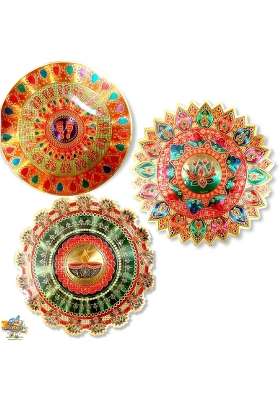 Brij Sugandha Big Size Floor Rangoli Sticker Acrylic Multi Design Gold Plated Meenakari for Home Set of 3