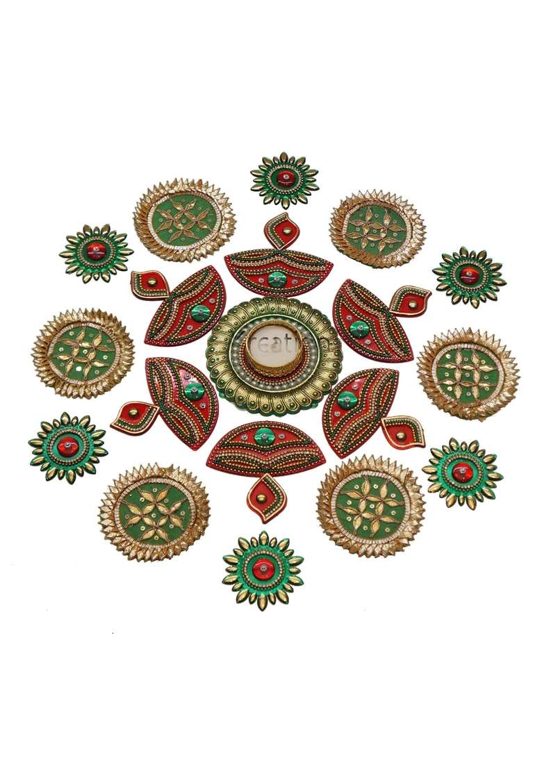 Ikreation Big Gota Patch and Acrylic Diya Rangoli with Candle Holder 19 Pcs B6 Diya Sunflower Gota Patch - Indya