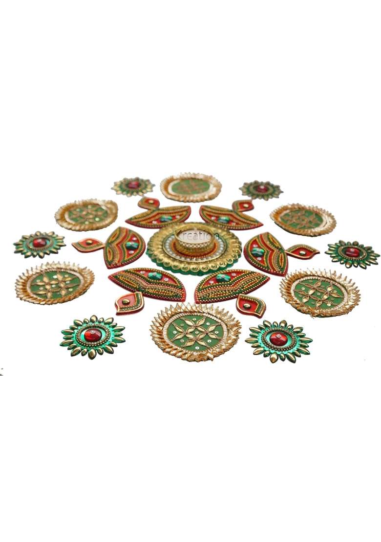 Ikreation Big Gota Patch and Acrylic Diya Rangoli with Candle Holder 19 Pcs B6 Diya Sunflower Gota Patch - Indya