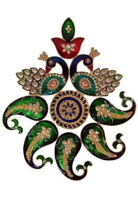 Multicolour 9 x9 Inches Peacock Rangoli Set for Decoration Round Shaped Peacock Mor Metal D Cor Piece for Door