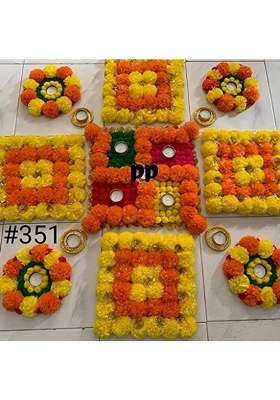 BDS Creations Artificial Marigold Flower Multicolor Satiyan Mat Rangoli Aasan Tea Light Diya Holder for Diwali