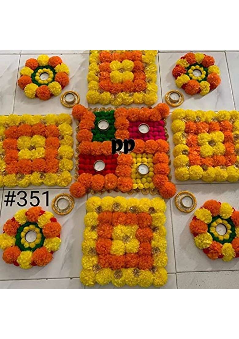 BDS Creations Artificial Marigold Flower Multicolor Satiyan Mat Rangoli Aasan Tea Light Diya Holder for Diwali - Indya