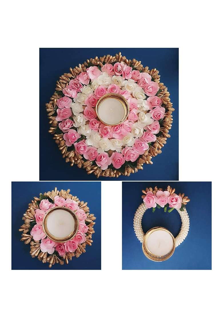 Urban Turtle Handmade Artificial Flower Rangoli Mat Tealight Candle Holders Diya Set of 7 - Indya
