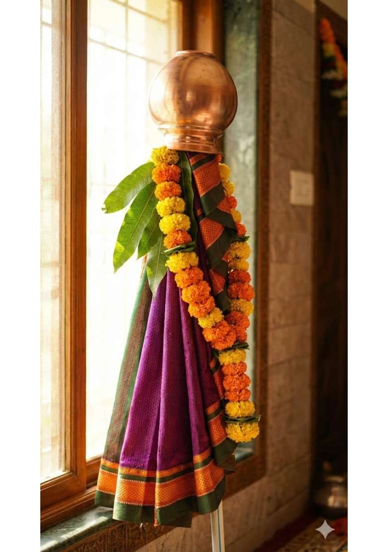 Gurukrupa Shoppy Dark Purple Floral Rangoli Base 12IN Haldi Decor Set 1 Plus Gudhi Vastra Set Kalash Neem - Indya