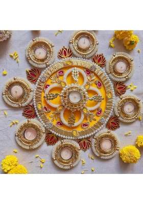 Decorative Metal Rangoli Set with 8 Tealight Holders and Acrylic Lotus