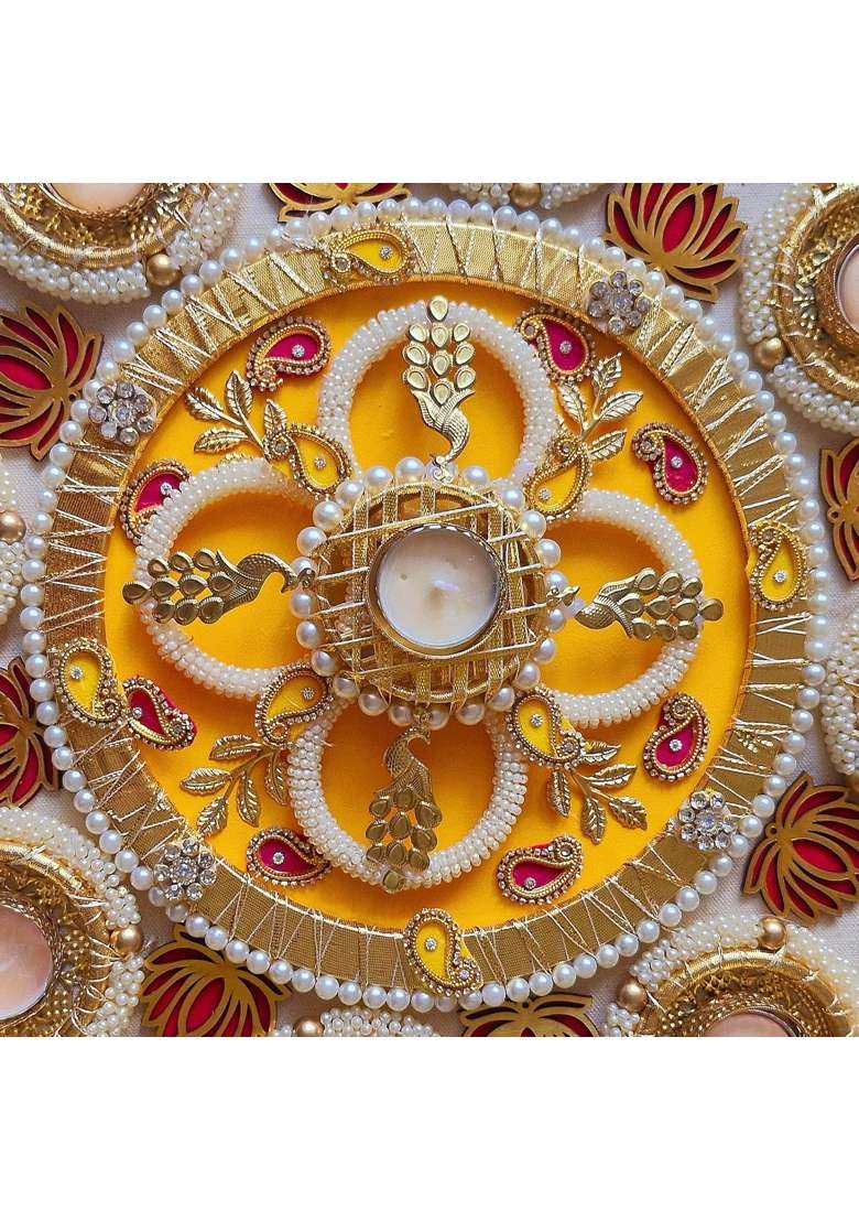 Decorative Metal Rangoli Set with 8 Tealight Holders and Acrylic Lotus - Indya