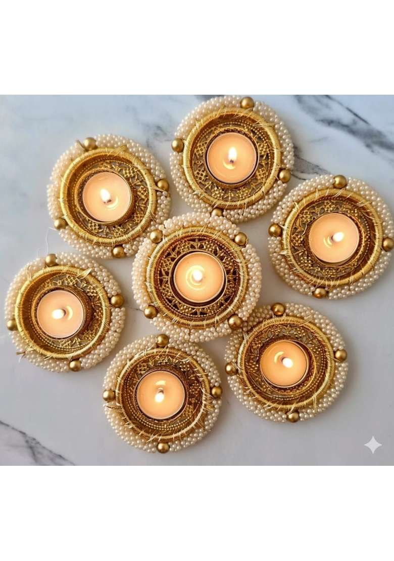 Decorative Metal Rangoli Set with 8 Tealight Holders and Acrylic Lotus - Indya