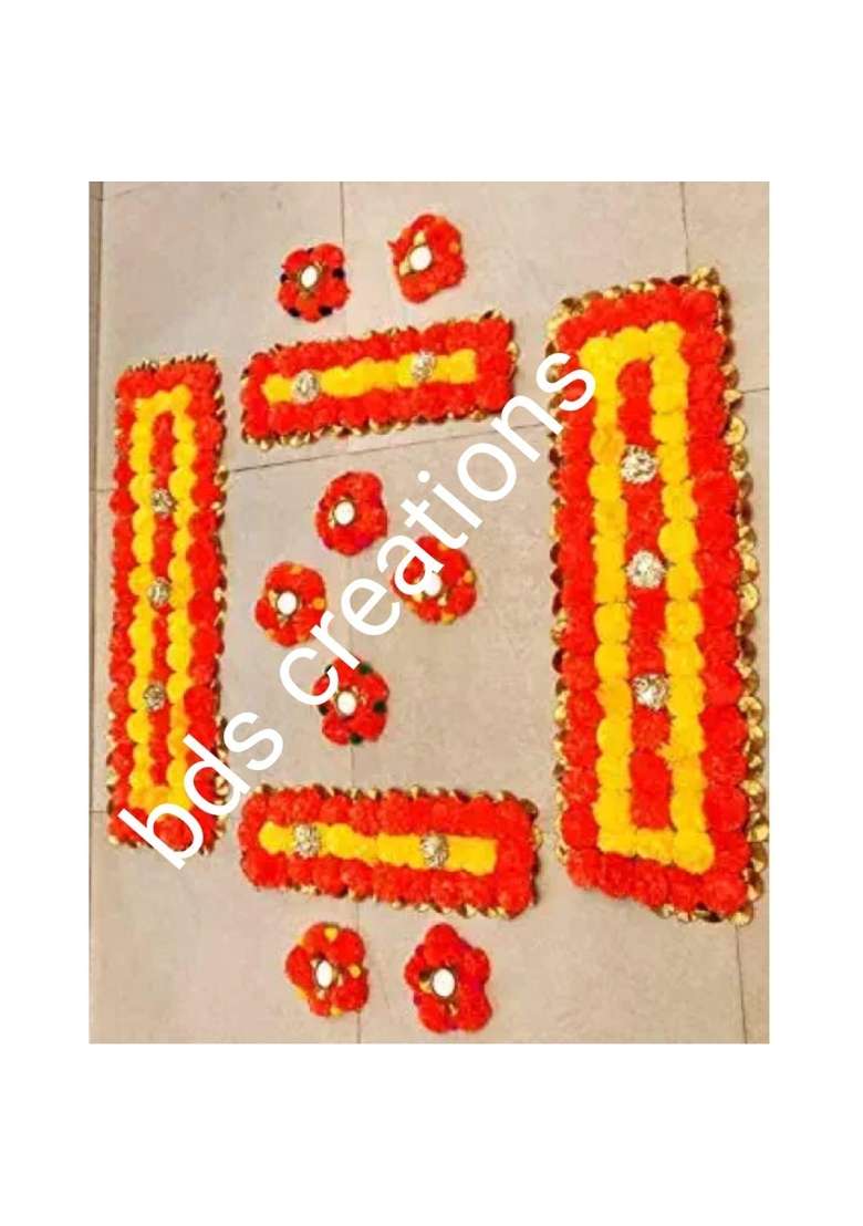 Madhulica Candles Artificial Marigold Flower Mat Tea Light Holde R Aasan Rangoli Mats on Canvas - Indya