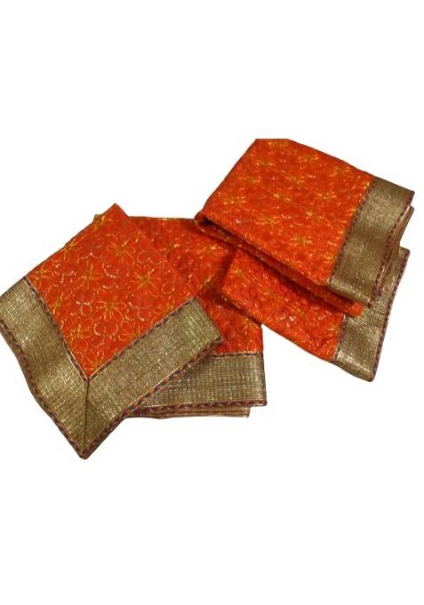 Lakshmi Maa Collection Rumala Double Set with Skin with 3D Orange and Golden Flowers with Golden Outline