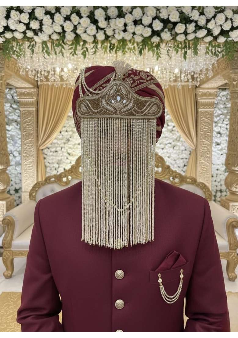 Wedding Sehra for Groom with Embroidery Work Gold and Beige Fully Embellished with Pearls - Indya