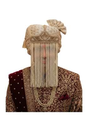 Traditional Groom Wedding Sehra with Pearl Beaded Curtain Cream and Gold Embroidered Design with Storage Box