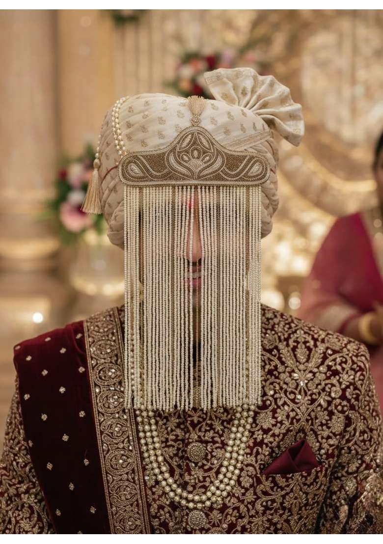 Traditional Groom Wedding Sehra with Pearl Beaded Curtain Cream and Gold Embroidered Design with Storage Box - Indya