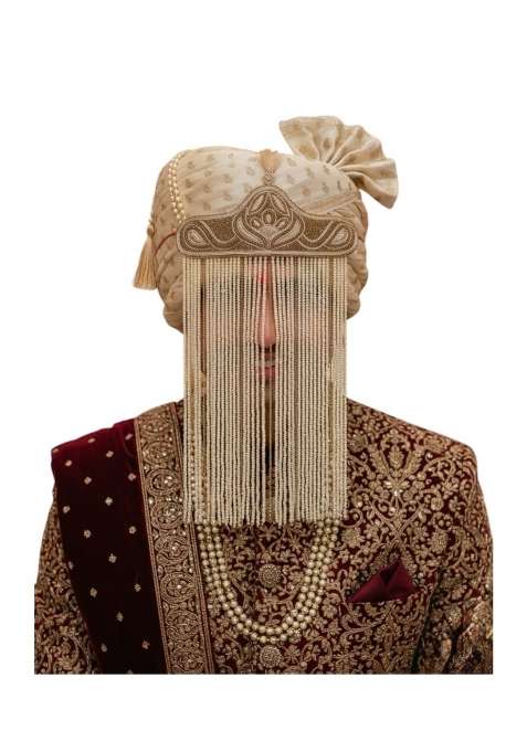 Traditional Groom Wedding Sehra with Pearl Beaded Curtain Cream and Gold Embroidered Design with Storage Box
