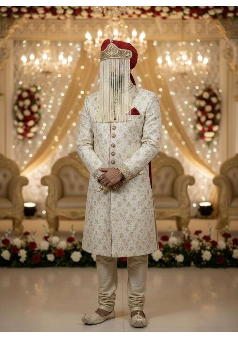 Traditional Indian Groom Wedding Sehra with Gold Embroidered Crest and White Pearl Strings Pack of 1 - Indya