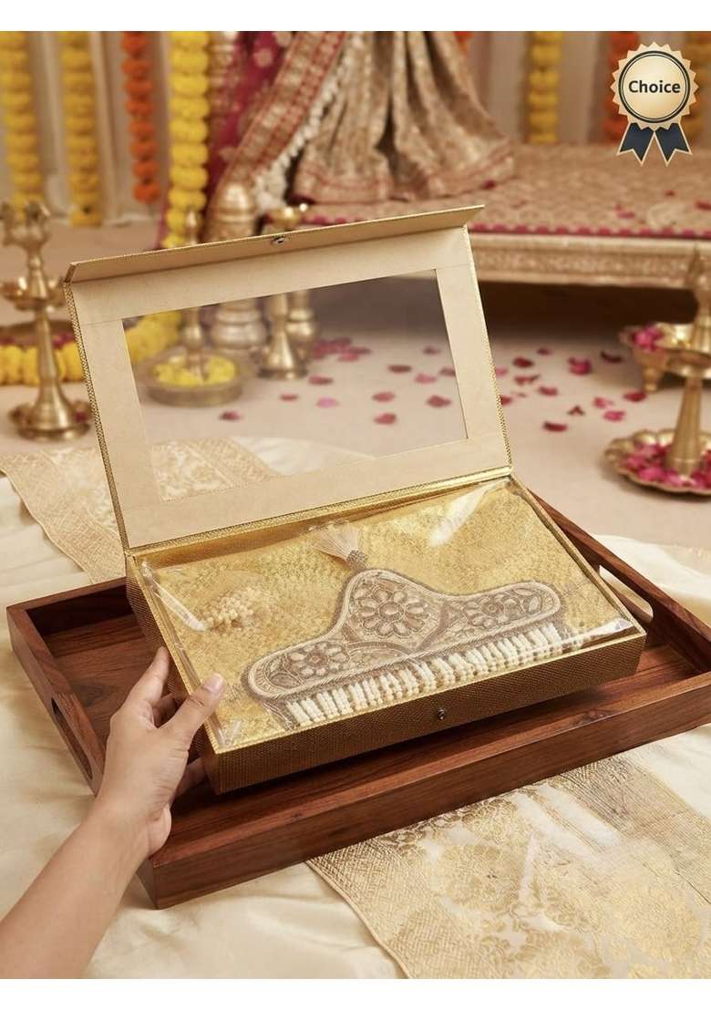 Golden Zari Embroidered Wedding Sehra for Groom with Pearl Strings - Indya