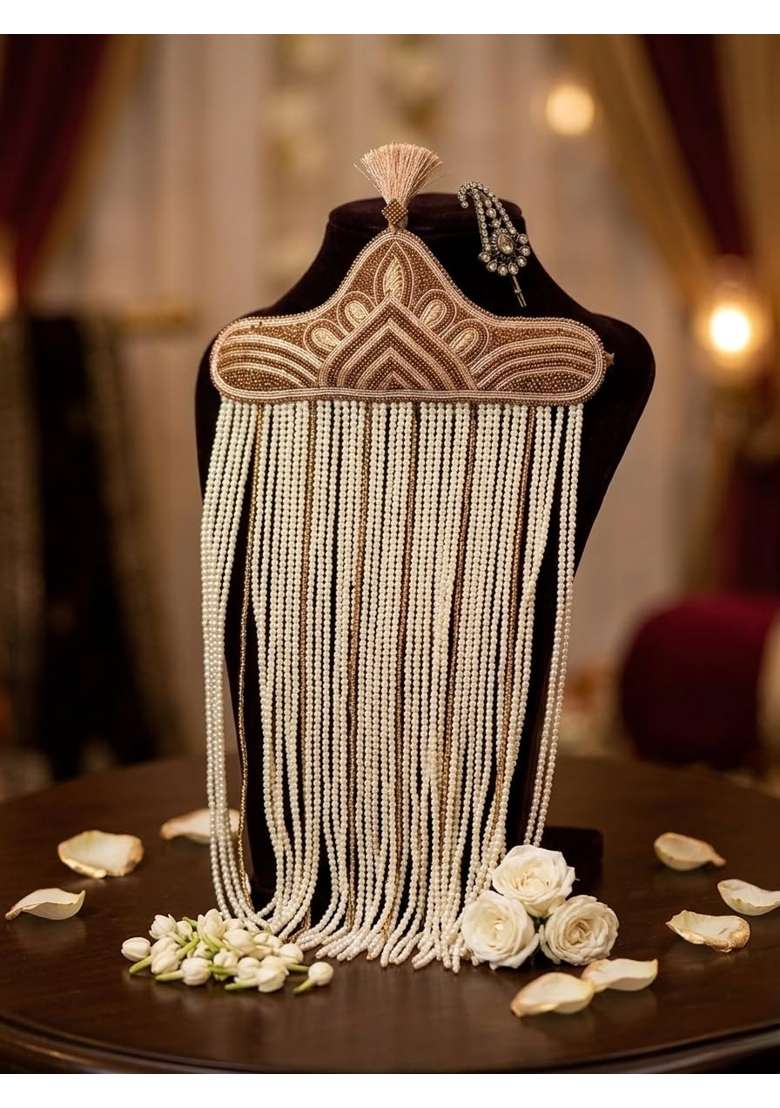 Royal Groom Handcrafted Golden Zardosi Kalgi with White Plume and Traditional Pearl Stranded Sehra - Indya