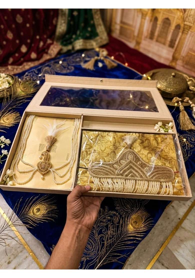 Royal Groom Handcrafted Golden Zardosi Kalgi with White Plume and Traditional Pearl Stranded Sehra - Indya