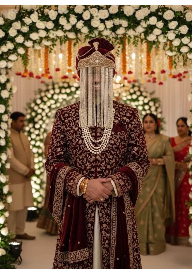 Premium Pearl Groom Sehra with Matching Feather Kalgi Brooch Set Traditional Indian Wedding Turban Accessories - Indya