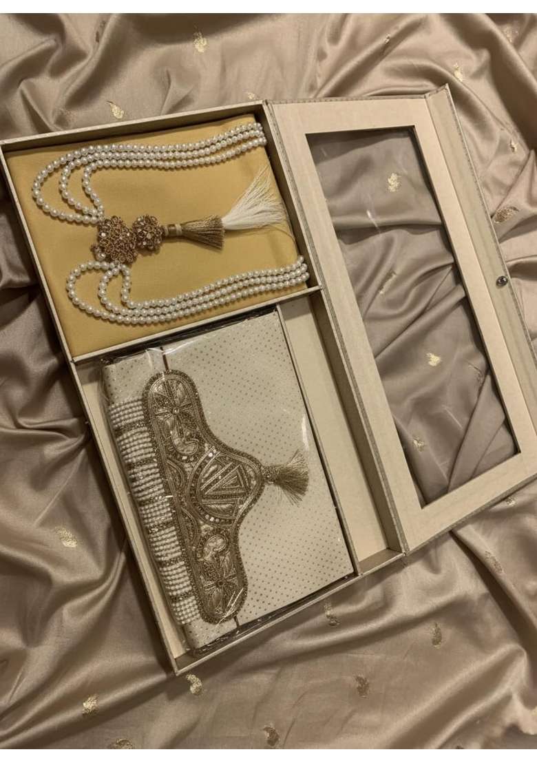 Handcrafted Pearl Sehra and Gold Kalgi Set for Groom Traditional Wedding Accessories with Premium Display Box - Indya