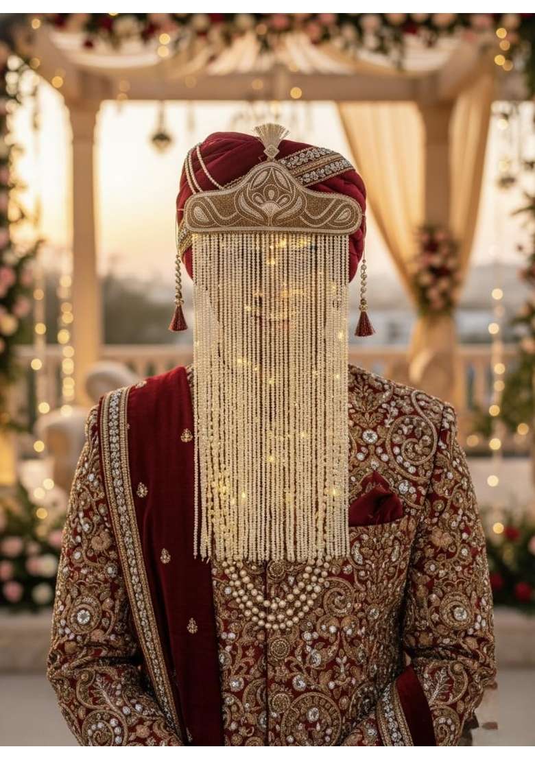 Handcrafted Pearl Sehra and Gold Kalgi Set for Groom Traditional Wedding Accessories with Premium Display Box - Indya