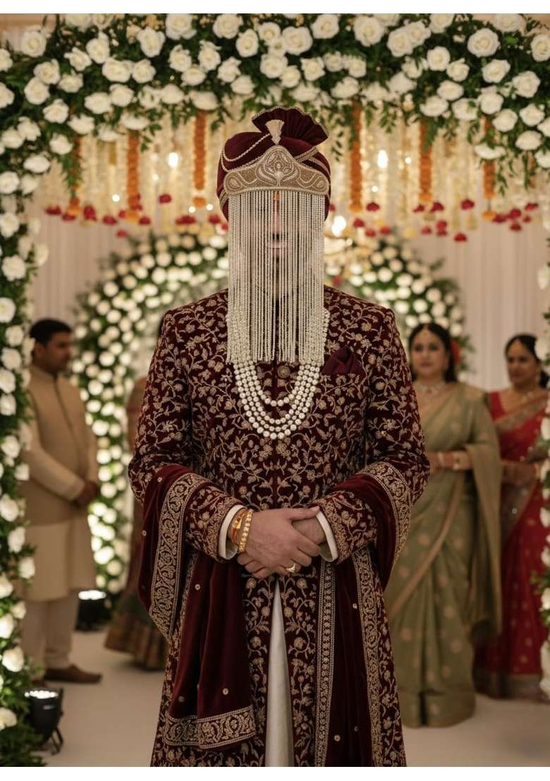 Wedding Sehra and Kalgi Set for Groom Traditional Indian Bridal Accessories with Pearl Embellishments - Indya