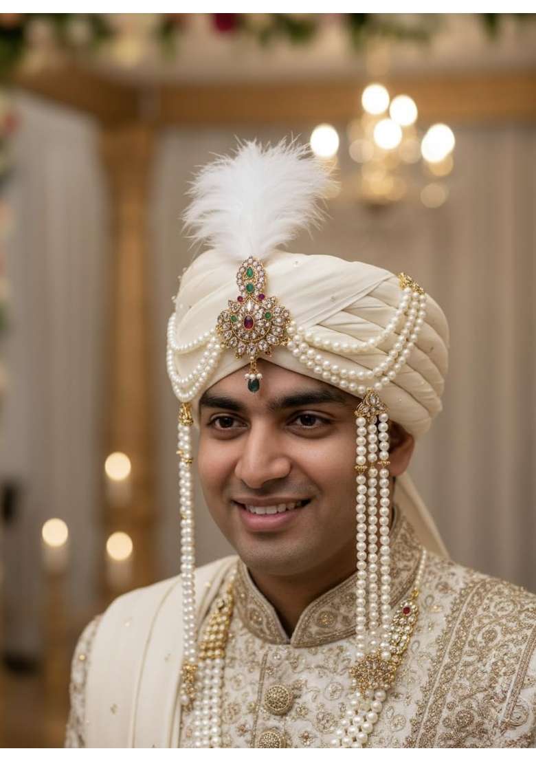 Wedding Sehra and Kalgi Set for Groom Traditional Indian Bridal Accessories with Pearl Embellishments - Indya