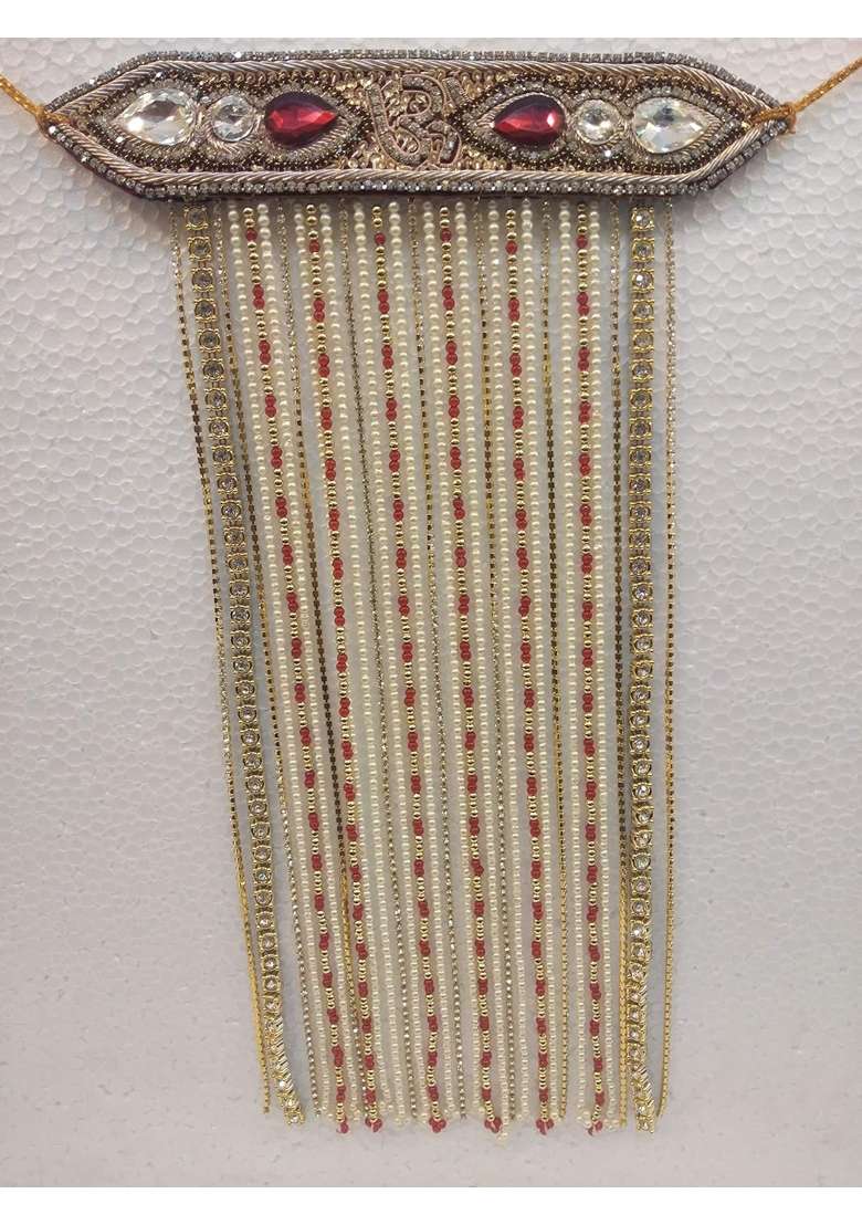 J Tushar Elegant Pearls and Stones Laces Sehra in Golden Red and Maroon Colour - Indya