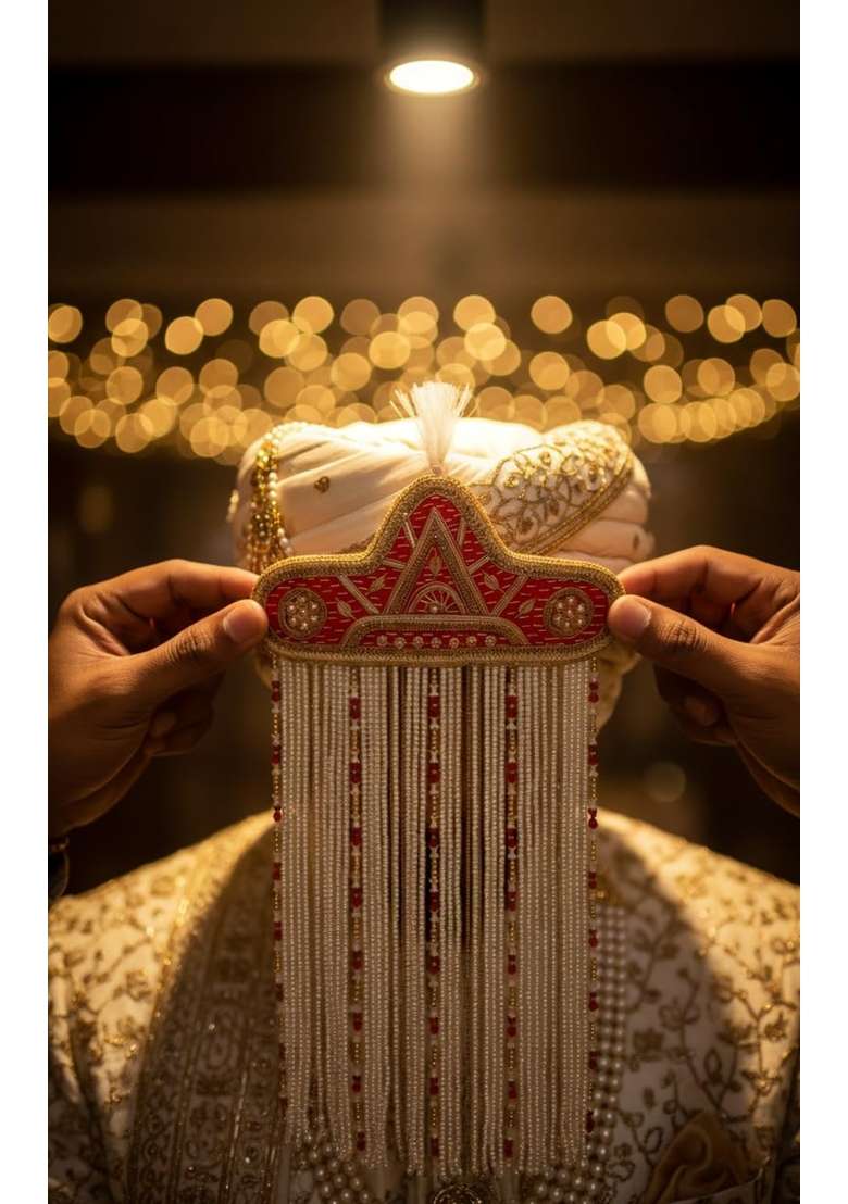 Golden Royal Dulha Sehra for Indian Wedding Handcrafted Groom Headwear with Traditional Design and Royal - Indya