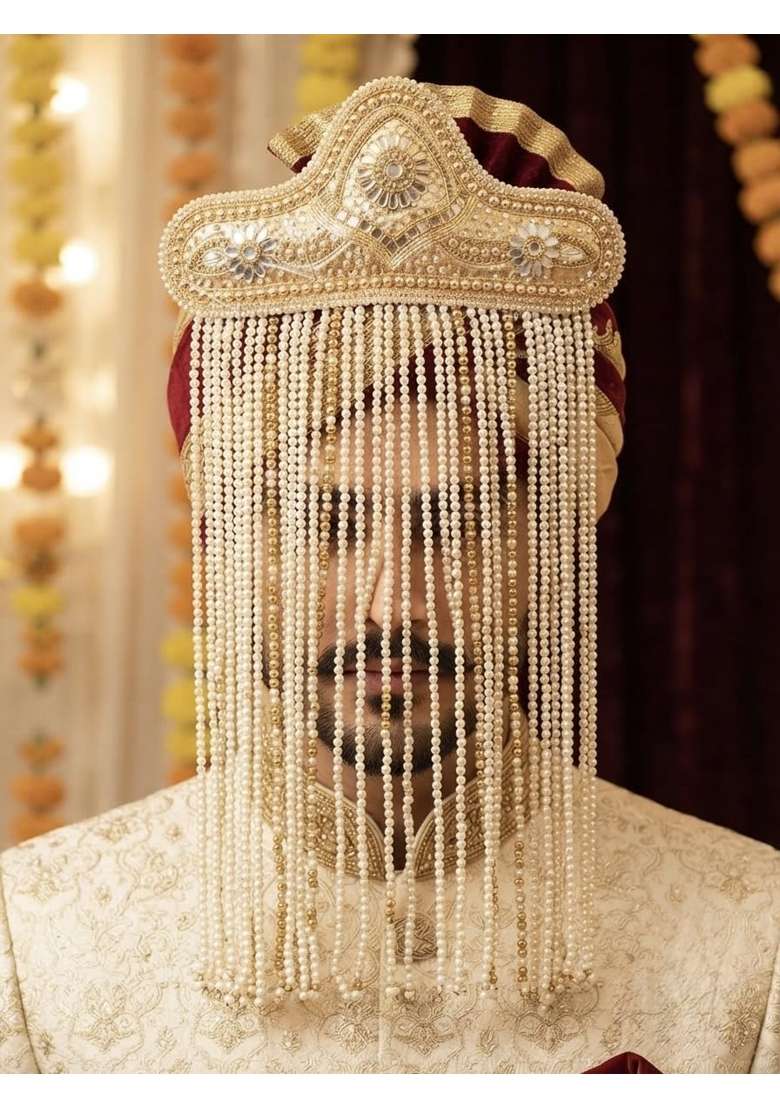 Handmade Pearl Beaded Wedding Sehra Golden Groom Headpiece - Indya