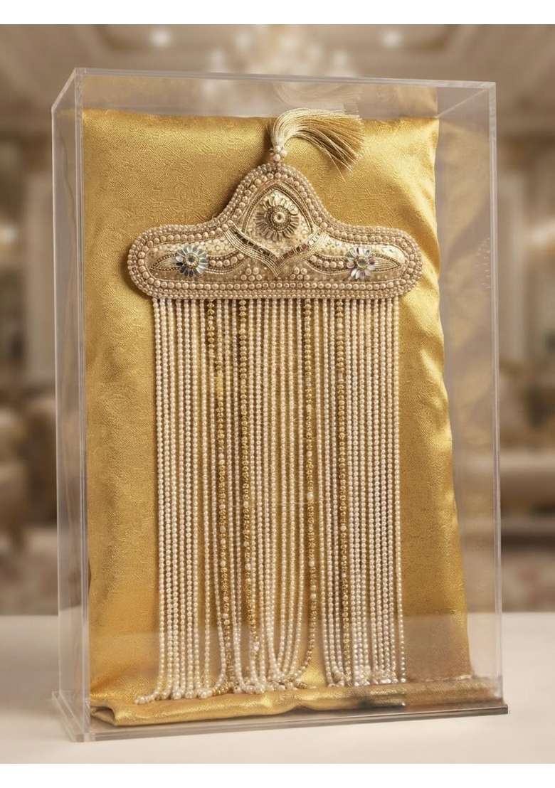 Handmade Pearl Beaded Wedding Sehra Golden Groom Headpiece - Indya