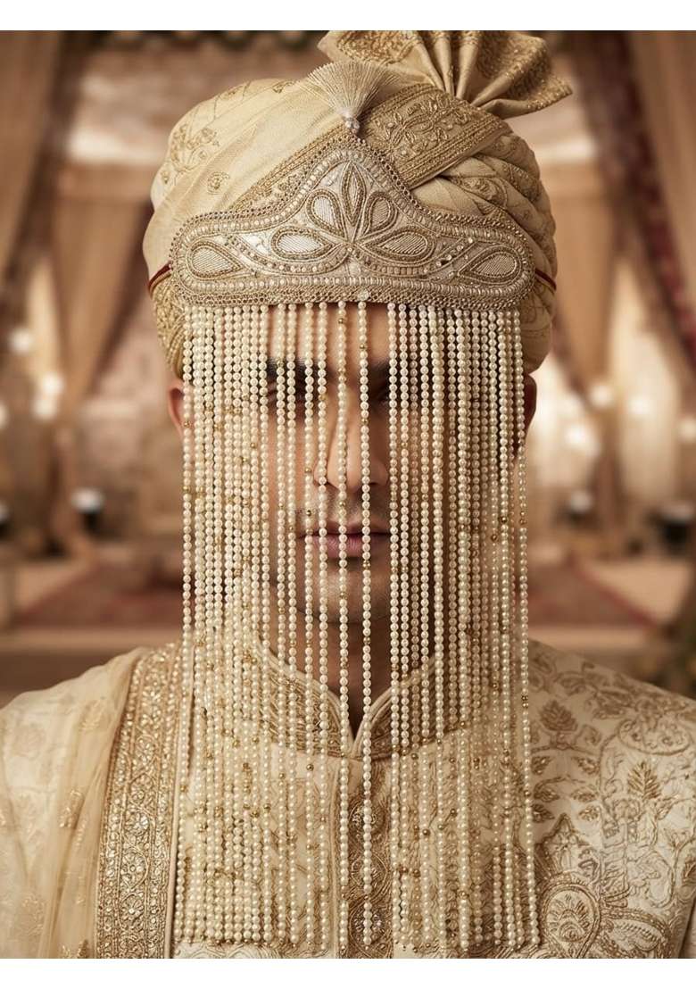 Golden Wedding Sehra for Groom with Pearl Beading and Tassels - Indya