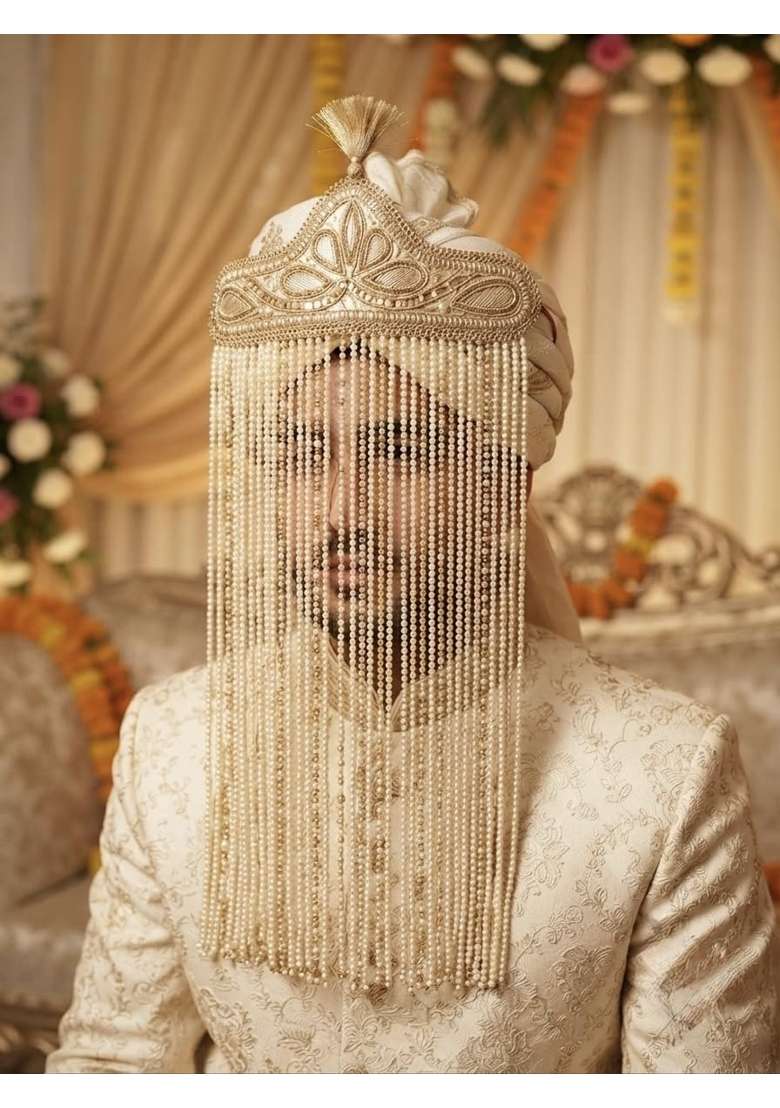 Golden Wedding Sehra for Groom with Pearl Beading and Tassels - Indya