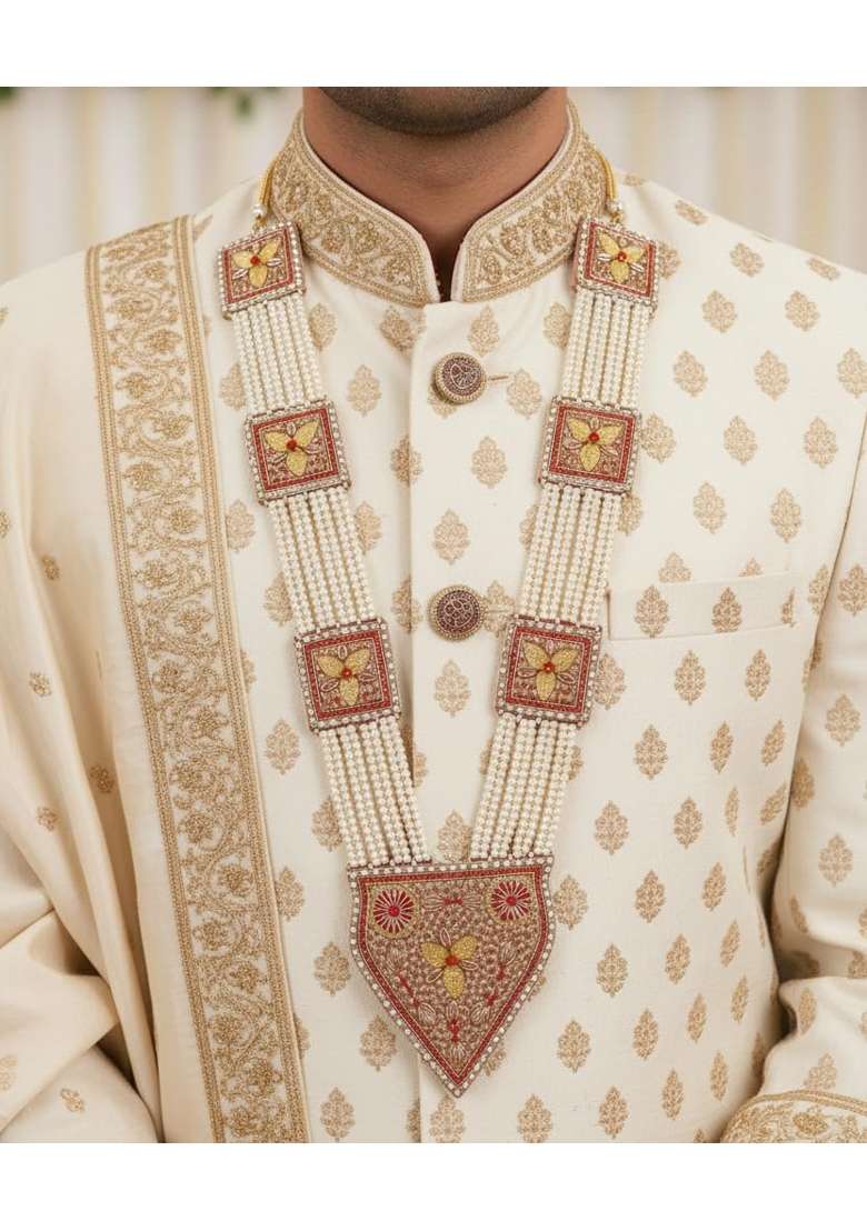 Red Handy House Traditional Groom Pan Haar Pearl String Wedding Pan Haar for Sehra - Indya