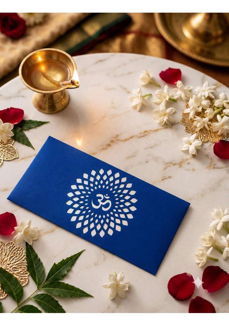 Premium Dark Blue Money and Shagun Envelopes with White Laser Cut Om Mandala Design for Wedding Pack of 40 - Indya