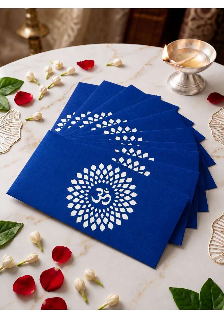 Premium Dark Blue Money and Shagun Envelopes with White Laser Cut Om Mandala Design for Wedding Pack of 40 - Indya