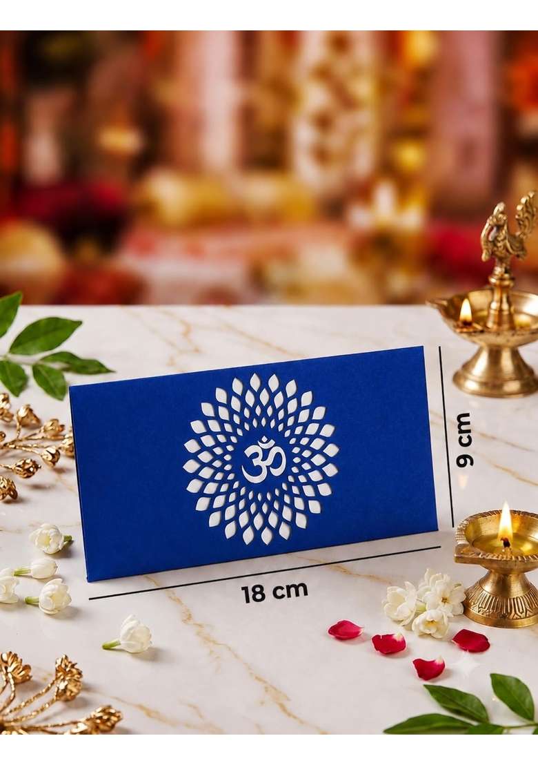 Premium Dark Blue Money and Shagun Envelopes with White Laser Cut Om Mandala Design for Wedding Pack of 40 - Indya