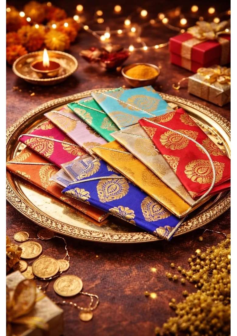 Saudeep India Raw Silk Fabric Money Gift Envelopes for Wedding Marriage Haldi Mehendi Pack of 7 - Indya