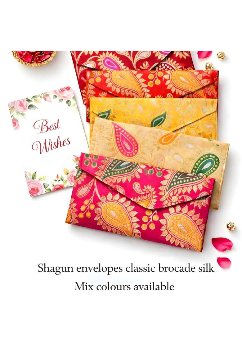 Nayashi Shagun Envelopes for Wedding Money Gift Brocade Silk Cash Envelopes with Best Wishes Card Set of 5 - Indya